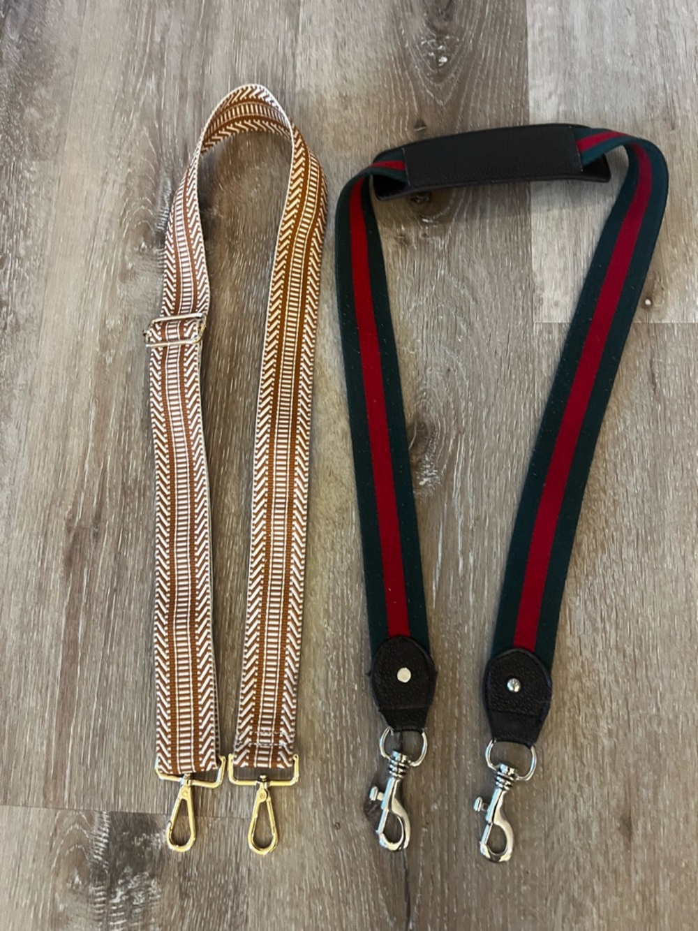 Bundle of 2 Adjustable Brown Chevron and Green-Red Stripe Bag Straps